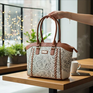 Cappuccino Brown Cross Stitch Embossed Tooled Artisan LEATHER Shoulder Bag Purse
